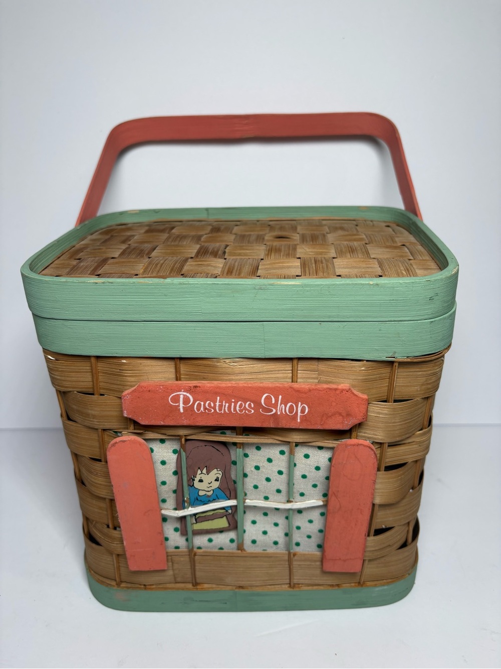 Vintage Pastries Shop Novelty Handmade Wood Woven Basket Purse / Planter Boho
